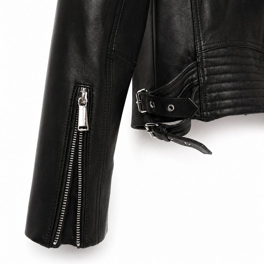 BCBG Generation Lamb Leather Moto Jacket Black Size M Zip Biker Chic NWOT - Picture 9 of 16